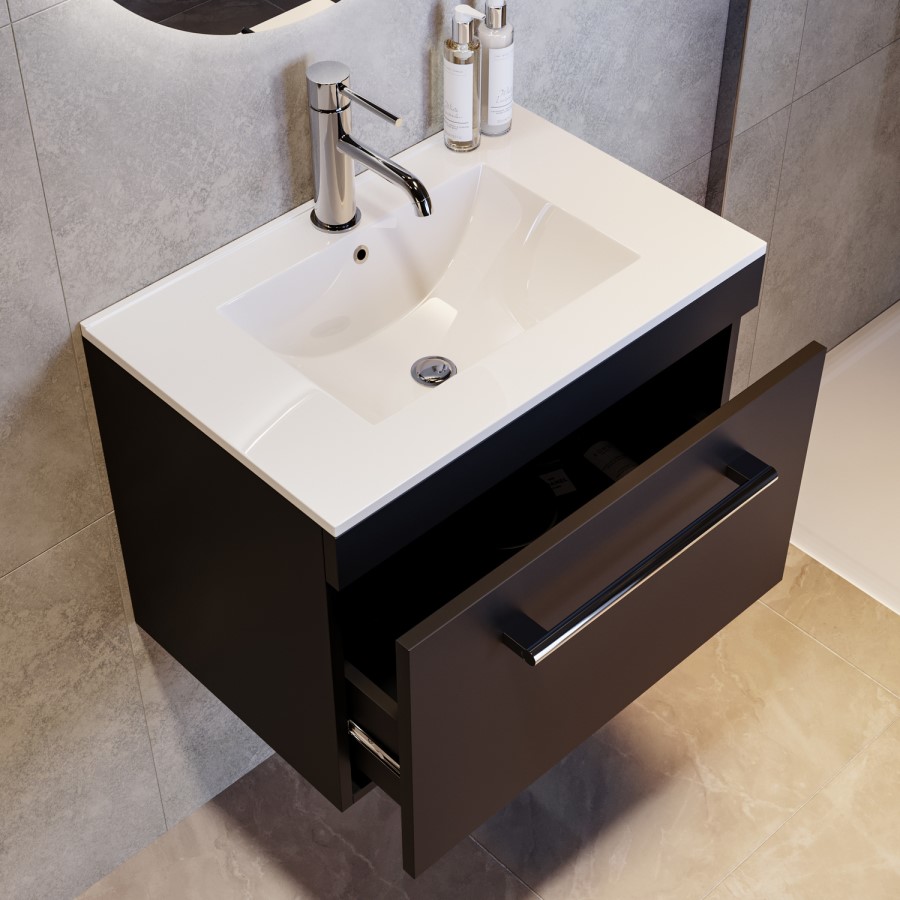 600mm Black Wall Hung Vanity Unit with Basin and Chrome Handle - Ashford