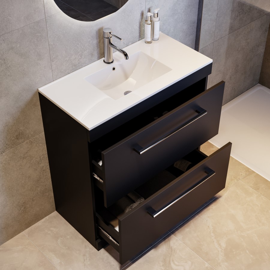 800mm Black Freestanding Vanity Unit with Basin and Chrome Handles - Ashford