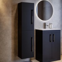 Double Door Black Wall Mounted Tall Bathroom Cabinet with Chrome Handles 350 x 1400mm - Ashford