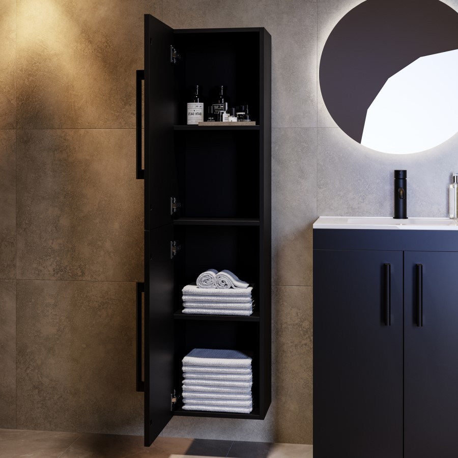 Double Door Black Wall Mounted Tall Bathroom Cabinet with Black Handles 350 x 1400mm - Ashford