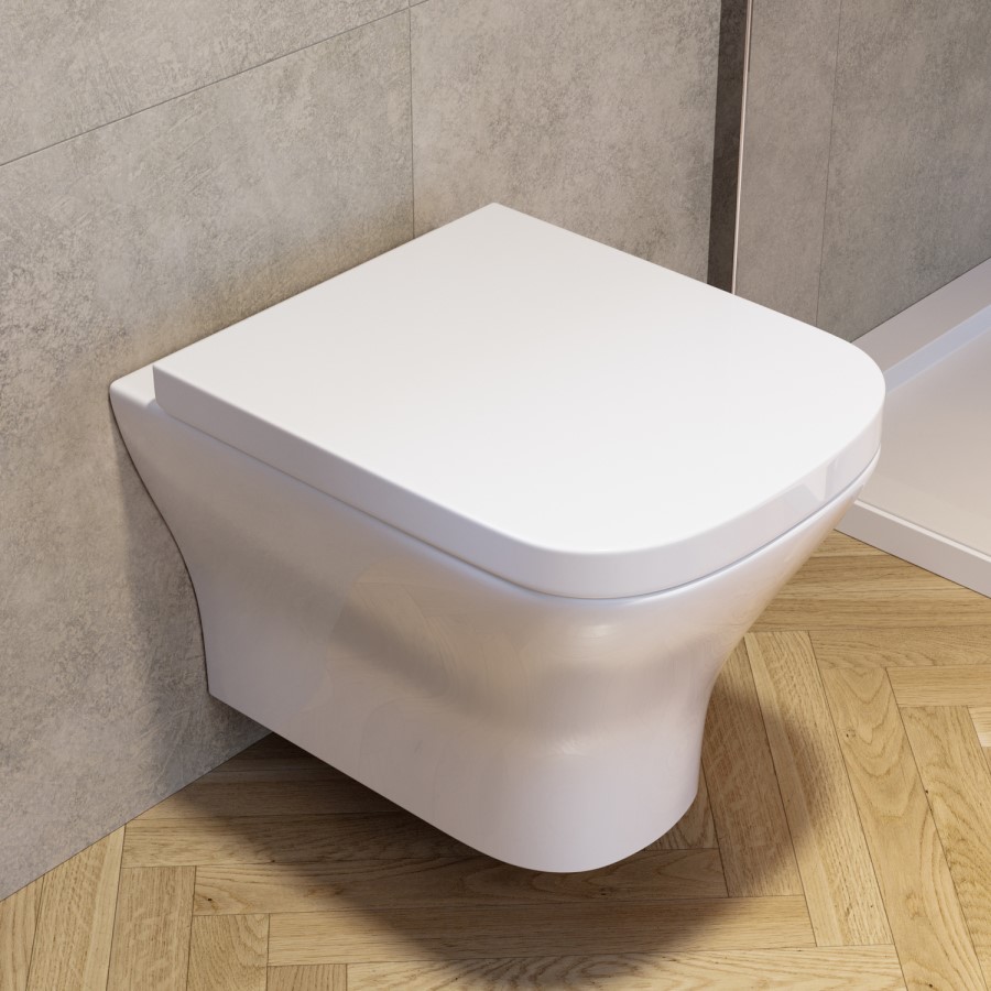Wall Hung Rimless Toilet with Soft Close Seat, Gunmetal Grey Pneumatic Flush Plate, 820mm Frame & Cistern - Austin