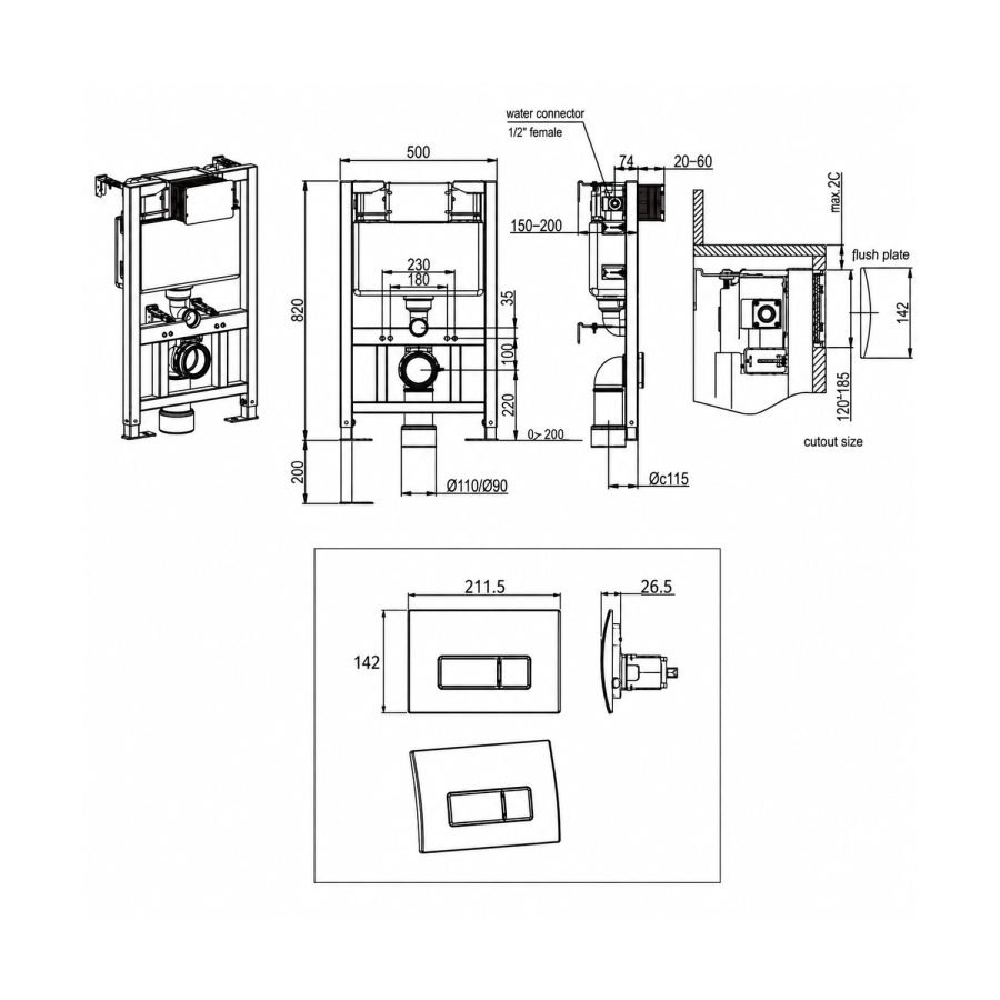 Wall Hung Rimless Toilet with Soft Close Seat, Gunmetal Grey Pneumatic Flush Plate, 820mm Frame & Cistern - Austin