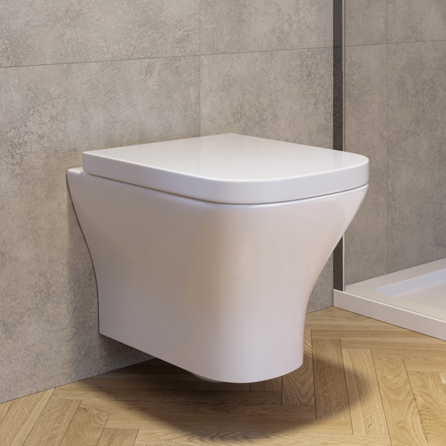 Wall Hung Rimless Toilet with Soft Close Seat, Brushed Bronze Pneumatic Flush Plate, 820mm Frame & Cistern - Austin