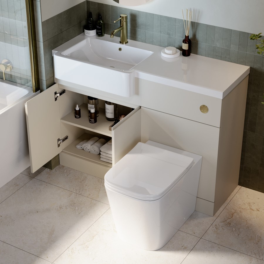 1100mm Beige Left Hand Toilet and Sink Unit with Square Toilet and Brass Fittings - Bali