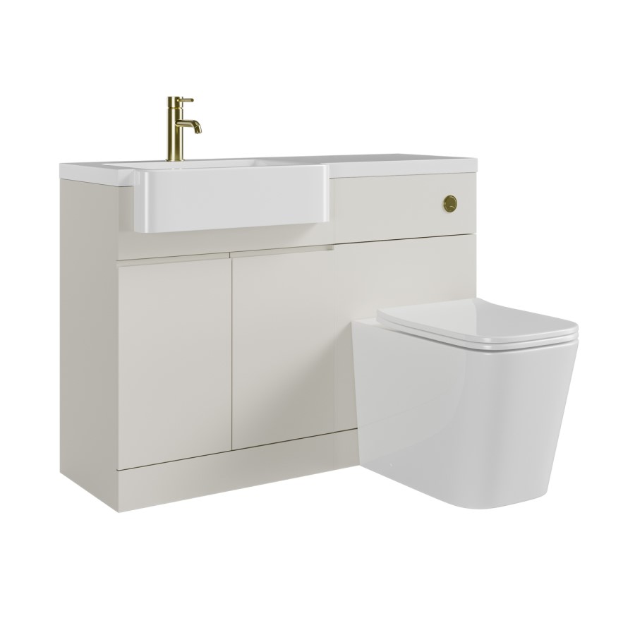 1100mm Beige Left Hand Toilet and Sink Unit with Square Toilet and Brass Fittings - Bali
