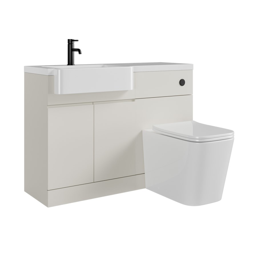 1100mm Beige Left Hand Toilet and Sink Unit with Square Toilet and Black Fittings - Bali