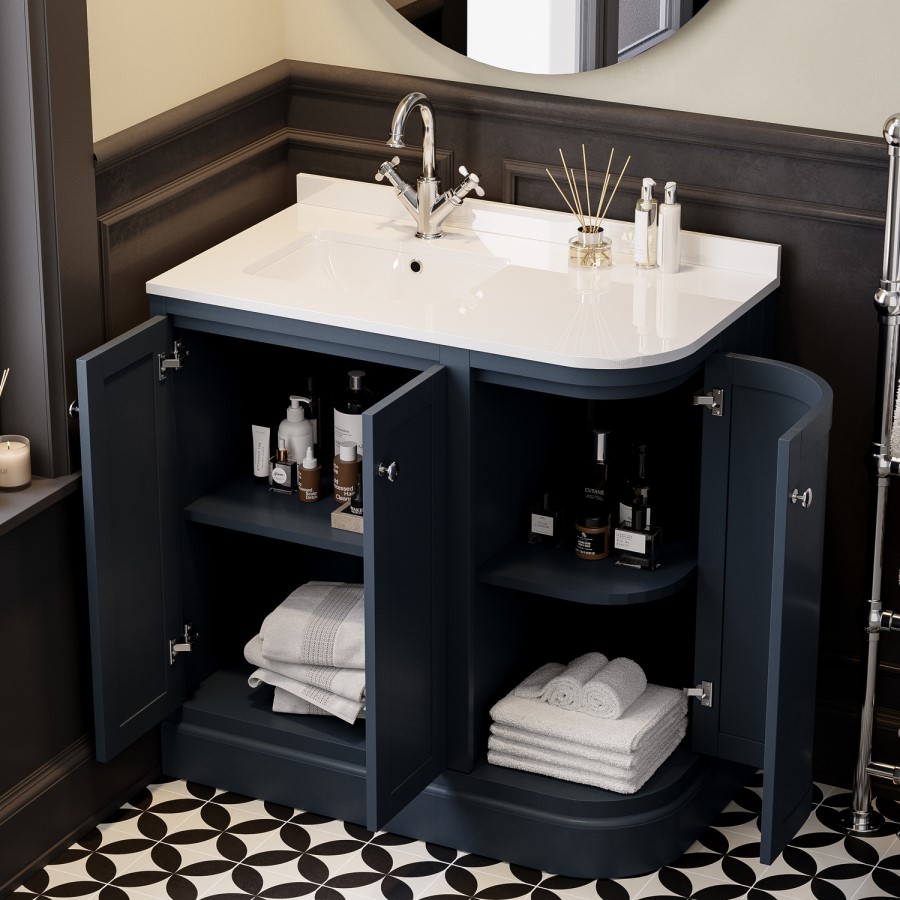 900mm Blue Curved Left Hand Corner Freestanding Vanity Unit with Basin – Bowland
