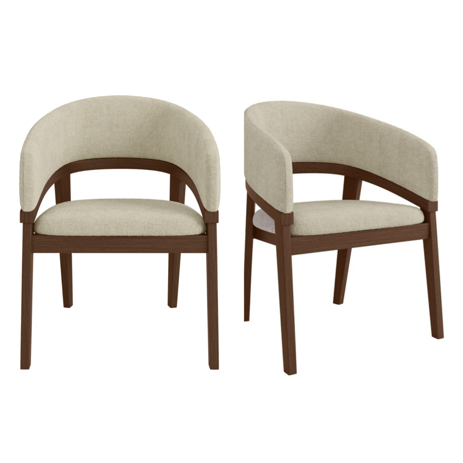 ONLY OPENED - Set of 2 Walnut and Beige Upholstered Curved Dining Chairs - Owen