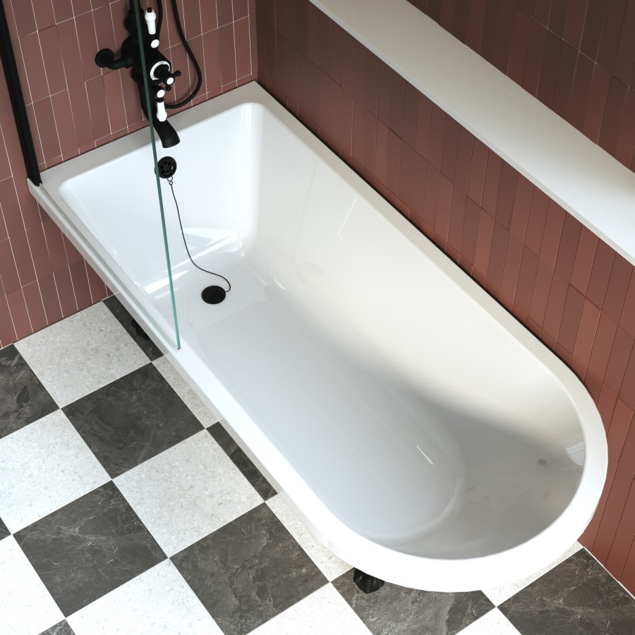 Freestanding Single Ended Shower Bath with Black Feet & Bath Screen - Park Royal
