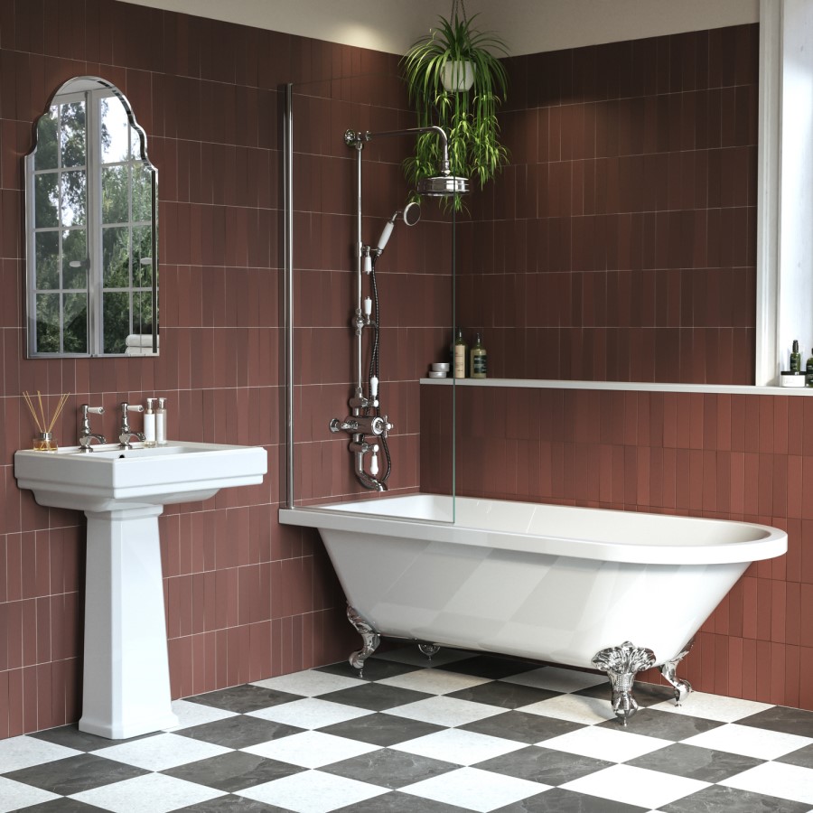 Freestanding Single Ended Shower Bath with Chrome Feet & Bath Screen 1670 x 740mm - Park Royal