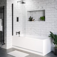 Single Ended Shower Bath with Front Panel and Hinged Black Bath Screen 1600 x 700mm - Alton