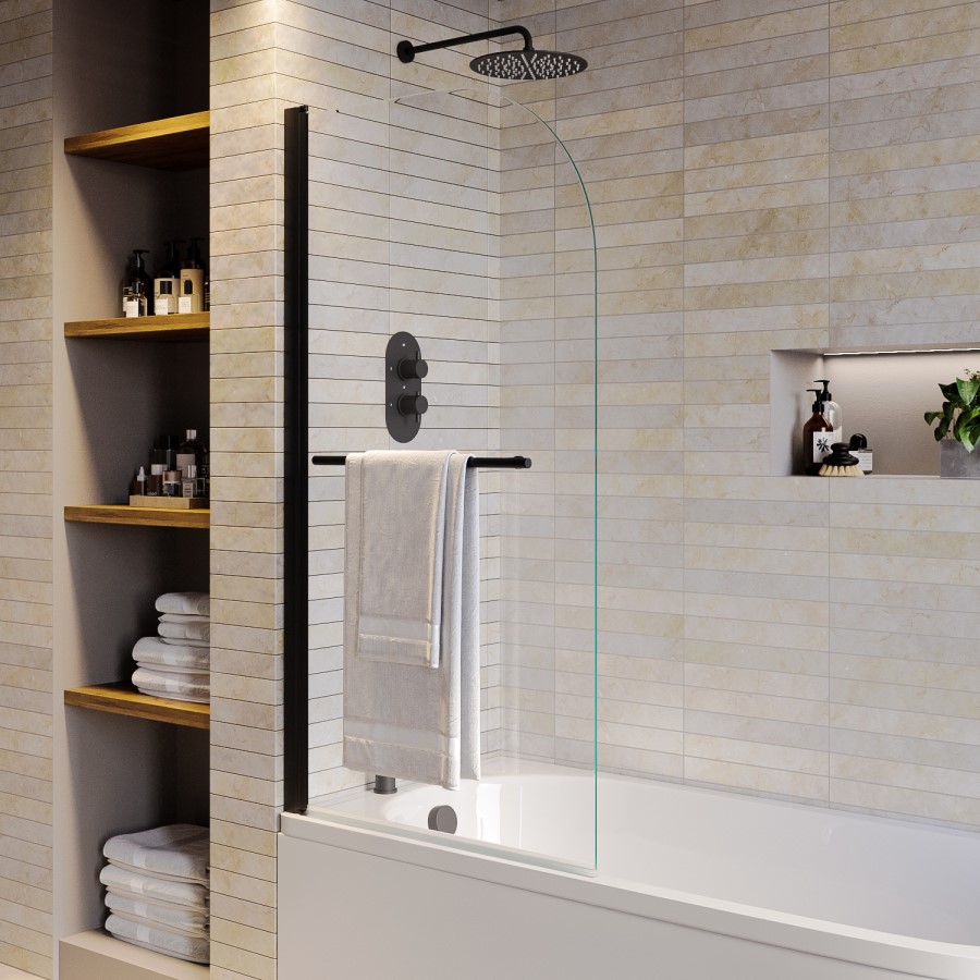 Single Ended Shower Bath with Front Panel and Hinged Black Bath Screen 1600 x 700mm - Alton