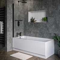 Single Ended Shower Bath with Front Panel & Black Bath Screen 1600 x 700mm - Rutland