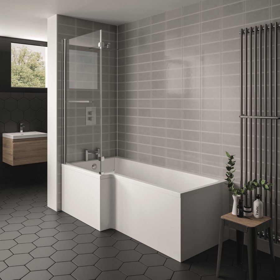 L Shaped Shower Bath with Front Panel & Chrome Bath Screen with Towel Rail, Left Hand 1500 x 850mm - Lomax