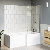 L Shaped Shower Bath with Front Panel & Chrome Bath Screen with Towel Rail, Right Hand 1500 x 850mm - Lomax
