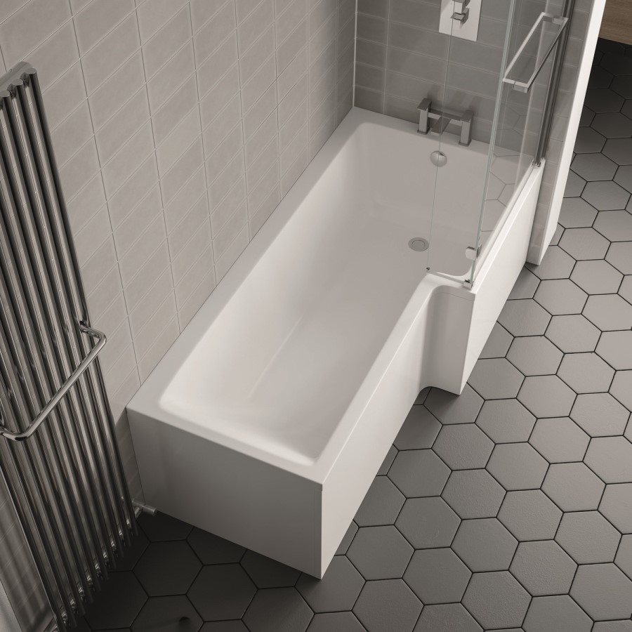 L Shaped Shower Bath with Front Panel & Chrome Bath Screen with Towel Rail, Right Hand 1500 x 850mm - Lomax