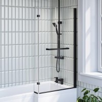 L Shaped Shower Bath with Front Panel & Matt Black Bath Screen with Towel Rail, Right Hand 1500 x 850mm - Lomax
