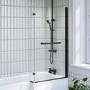 L Shaped Shower Bath with Front Panel & Matt Black Bath Screen with Towel Rail, Right Hand 1500 x 850mm - Lomax