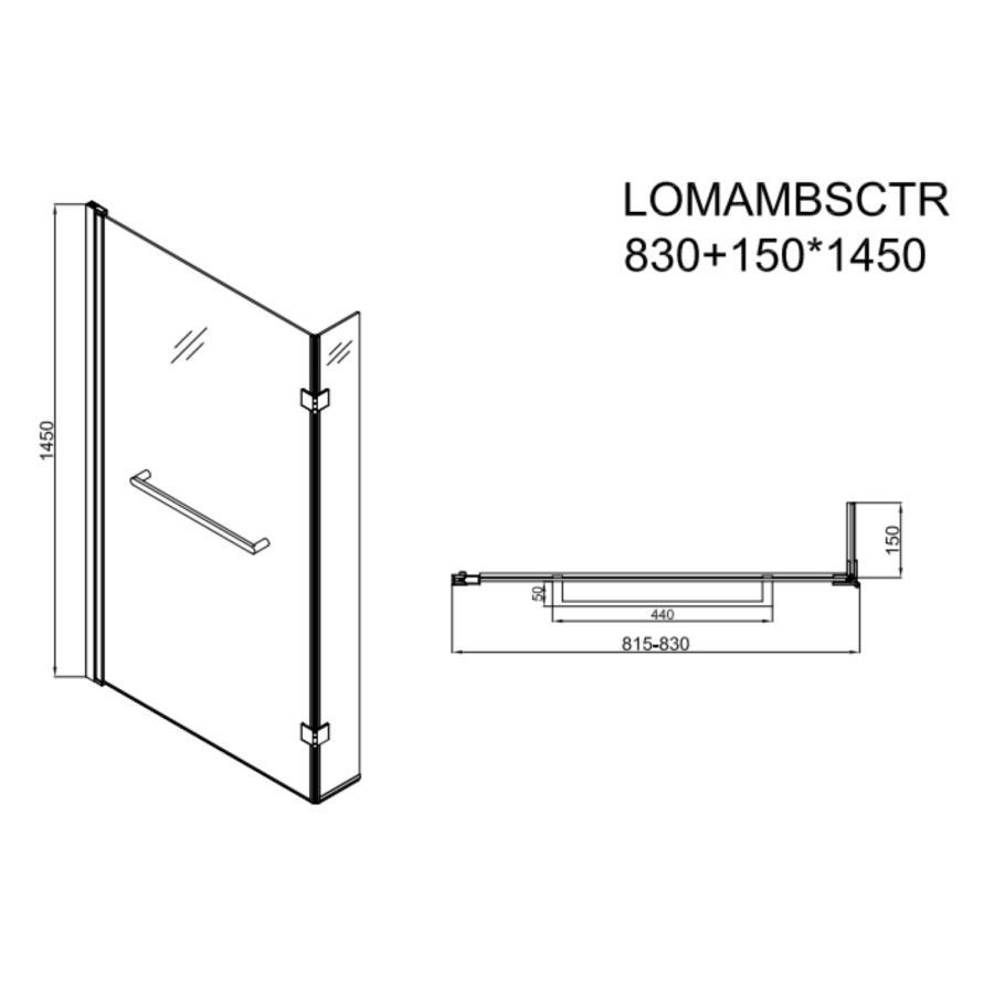 L Shaped Shower Bath with Front Panel & Matt Black Bath Screen with Towel Rail, Right Hand 1500 x 850mm - Lomax