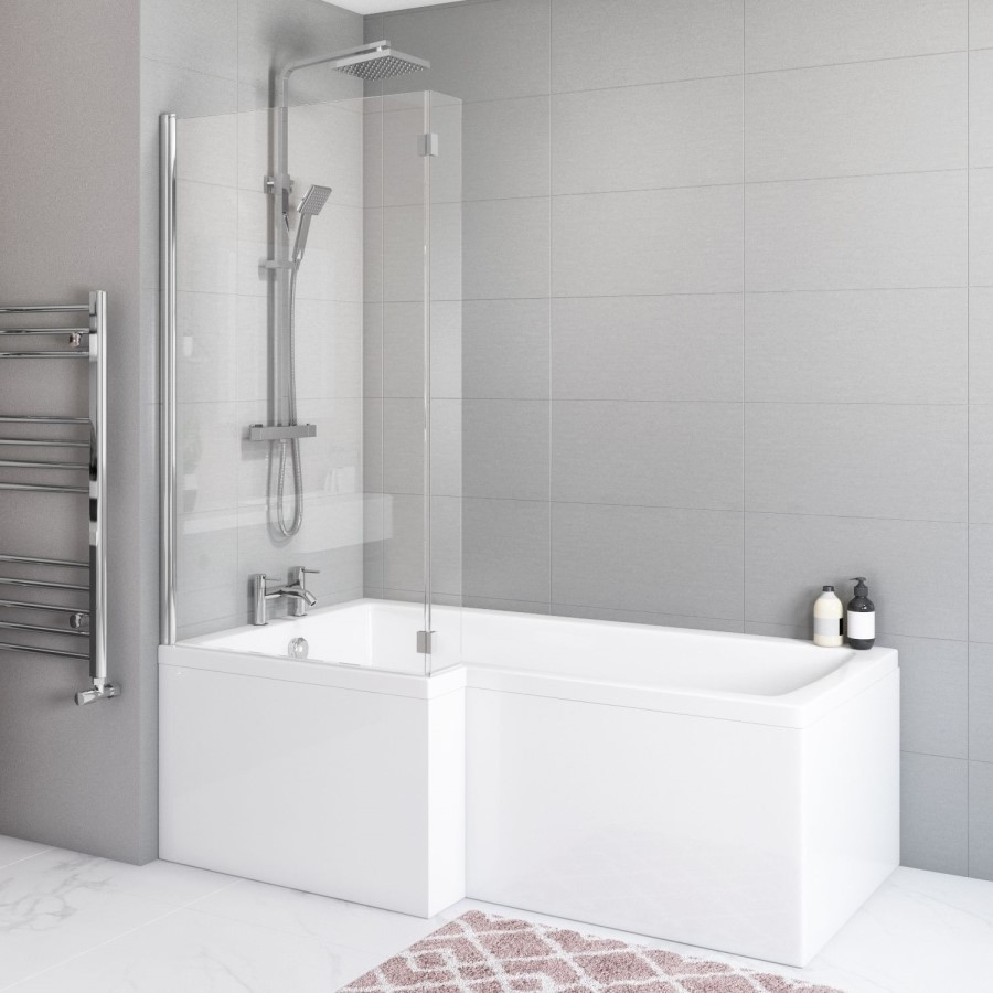 L Shaped Shower Bath with Front Panel & Chrome Bath Screen, Left Hand 1700 x 850mm - Lomax