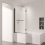 L Shaped Shower Bath with Front Panel & Black Bath Screen with Towel Rail, Right Hand 1700 x 850mm - Lomax