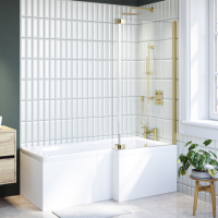 L Shaped Shower Bath with Front Panel & Brushed Brass Bath Screen, Right Hand 1700 x 850mm - Lomax