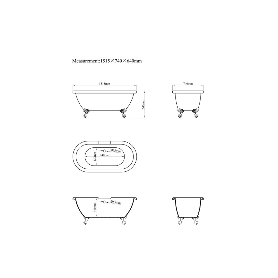 Freestanding Double Ended Roll Top Bath with Bronze Feet 1515 x 740mm - Park Royal