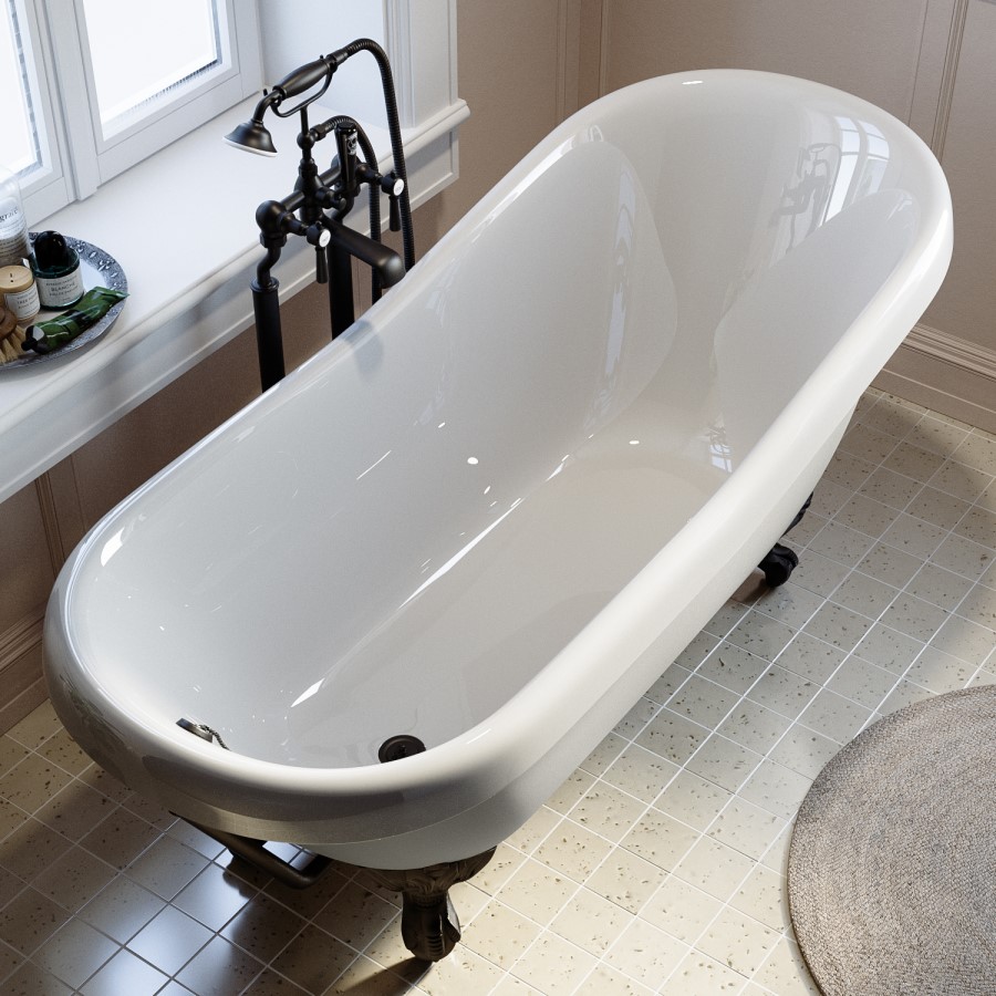 Freestanding Single Ended Roll Top Slipper Bath with Black Feet 1615 x 690mm - Park Royal