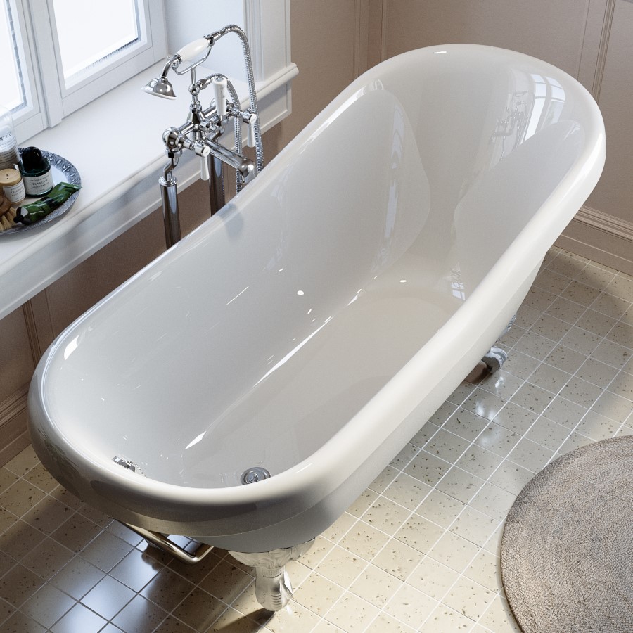 Freestanding Single Ended Roll Top Slipper Bath with White Feet 1615 x 690mm - Park Royal