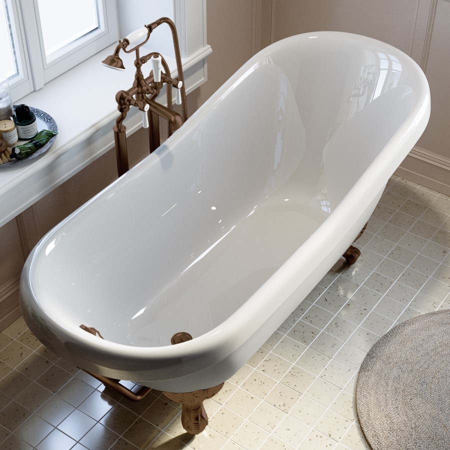 Freestanding Single Ended Roll Top Slipper Bath with Brushed Bronze Feet 1615 x 690mm - Park Royal