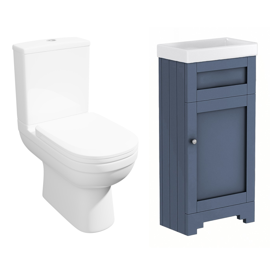 Close Coupled Toilet and Blue Basin Vanity Unit Cloakroom Suite - Baxenden