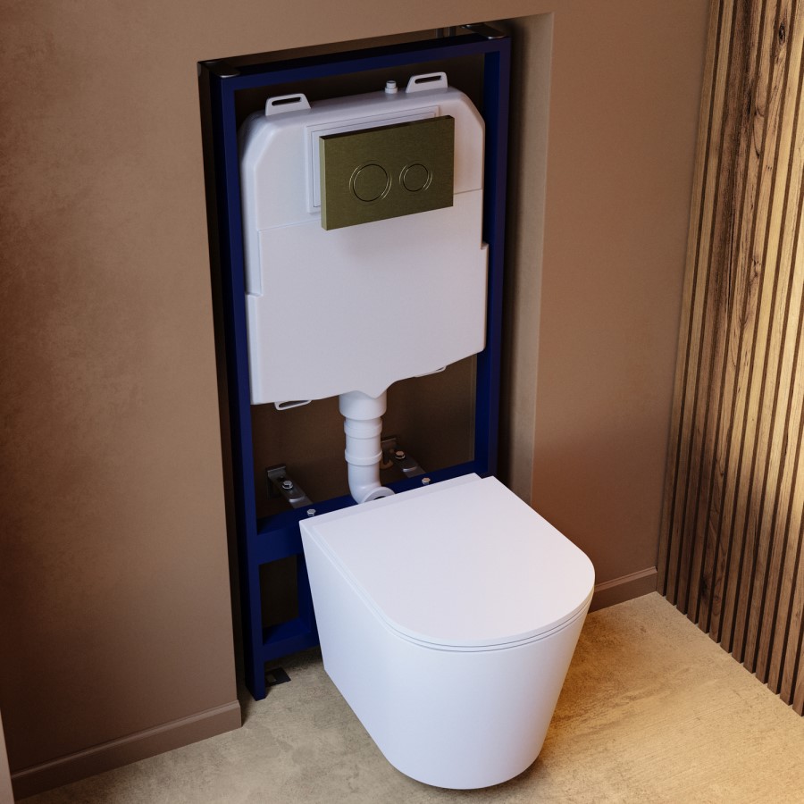 Matt White Wall Hung Rimless Toilet with Soft Close Seat, Brushed Brass Mechanical Flush Plate, 1168mm Frame & Cistern – Verona