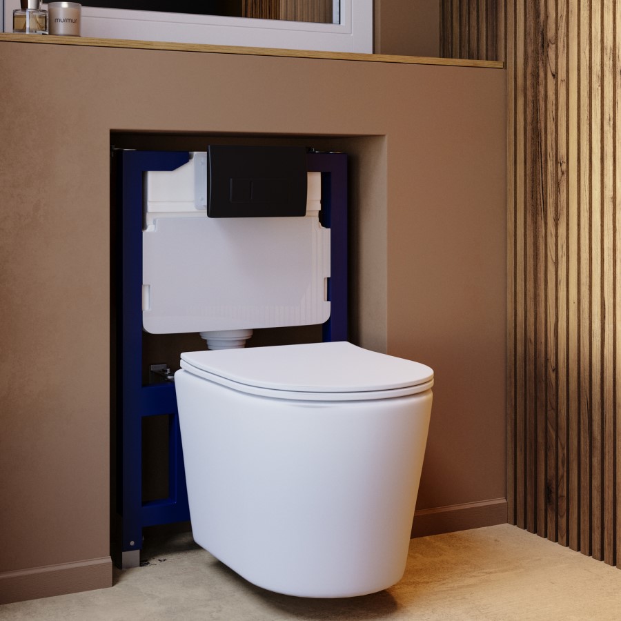 Matt White Wall Hung Rimless Toilet with Soft Close Seat, Black Pneumatic Flush Plate, 820mm Frame & Cistern – Verona