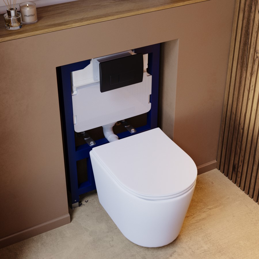 Matt White Wall Hung Rimless Toilet with Soft Close Seat, Black Pneumatic Flush Plate, 820mm Frame & Cistern – Verona