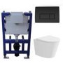 Matt White Wall Hung Rimless Toilet with Soft Close Seat, Black Pneumatic Flush Plate, 820mm Frame & Cistern – Verona