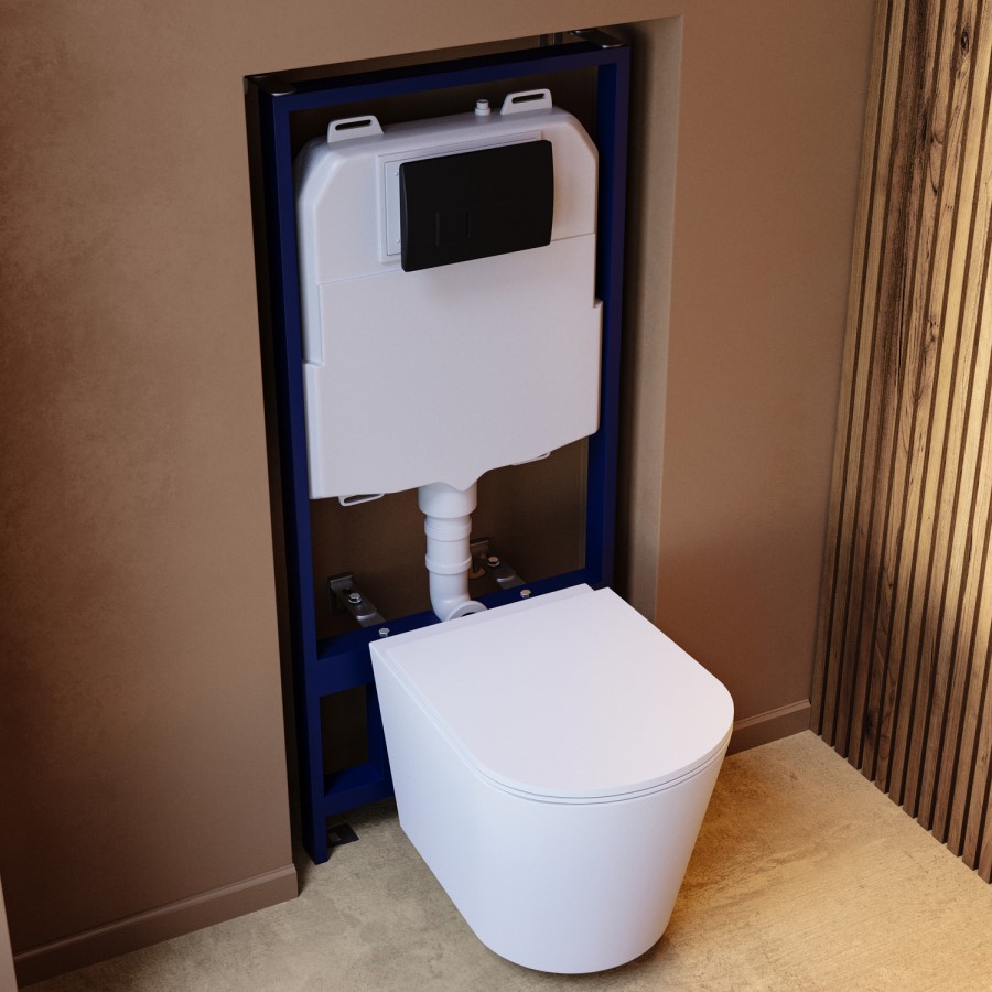 Matt White Wall Hung Rimless Toilet with  Soft Close Seat, Black Pneumatic Flush Plate, 1168mm Frame & Cistern – Verona