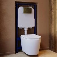 Matt White Wall Hung Rimless Toilet with Soft Close Seat, Brushed Brass Pneumatic Flush Plate, 1168mm Frame & Cistern – Verona