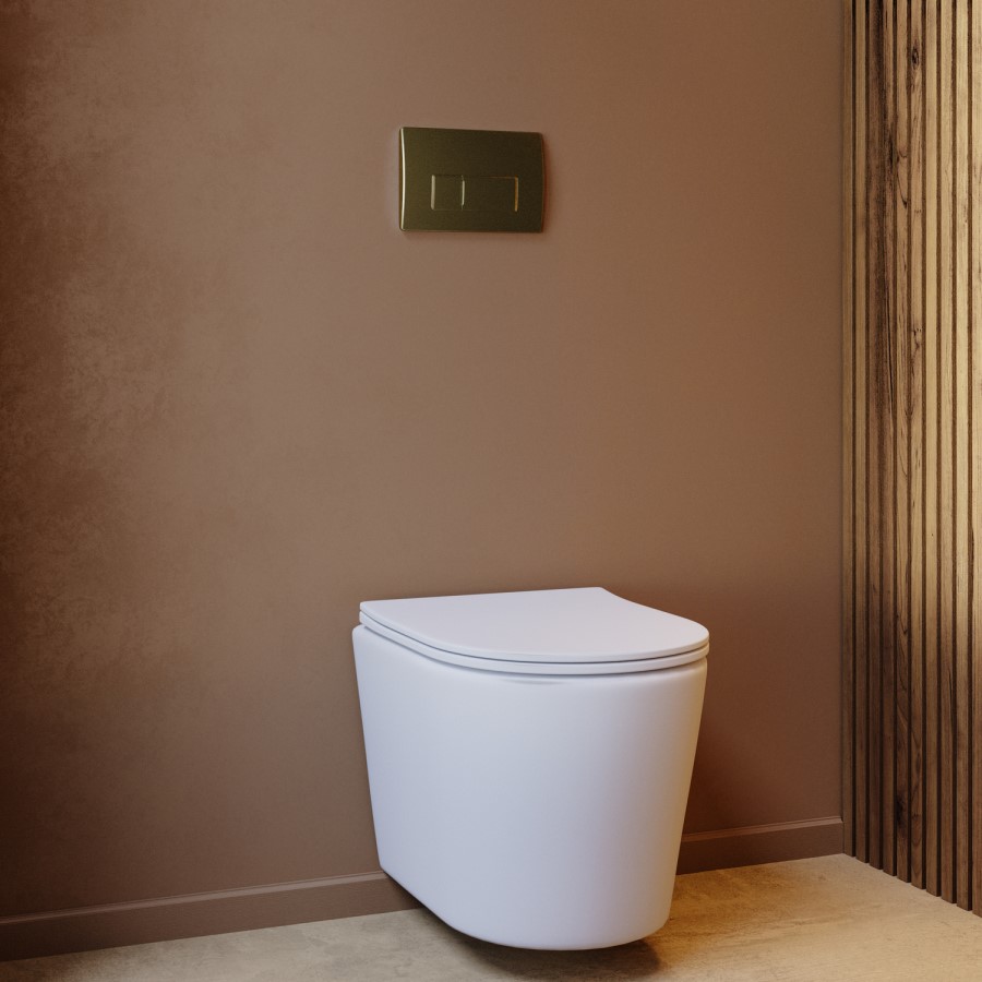 Matt White Wall Hung Rimless Toilet with Soft Close Seat, Brushed Brass Pneumatic Flush Plate, 1168mm Frame & Cistern – Verona