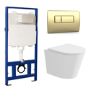 Matt White Wall Hung Rimless Toilet with Soft Close Seat, Brushed Brass Pneumatic Flush Plate, 1168mm Frame & Cistern – Verona