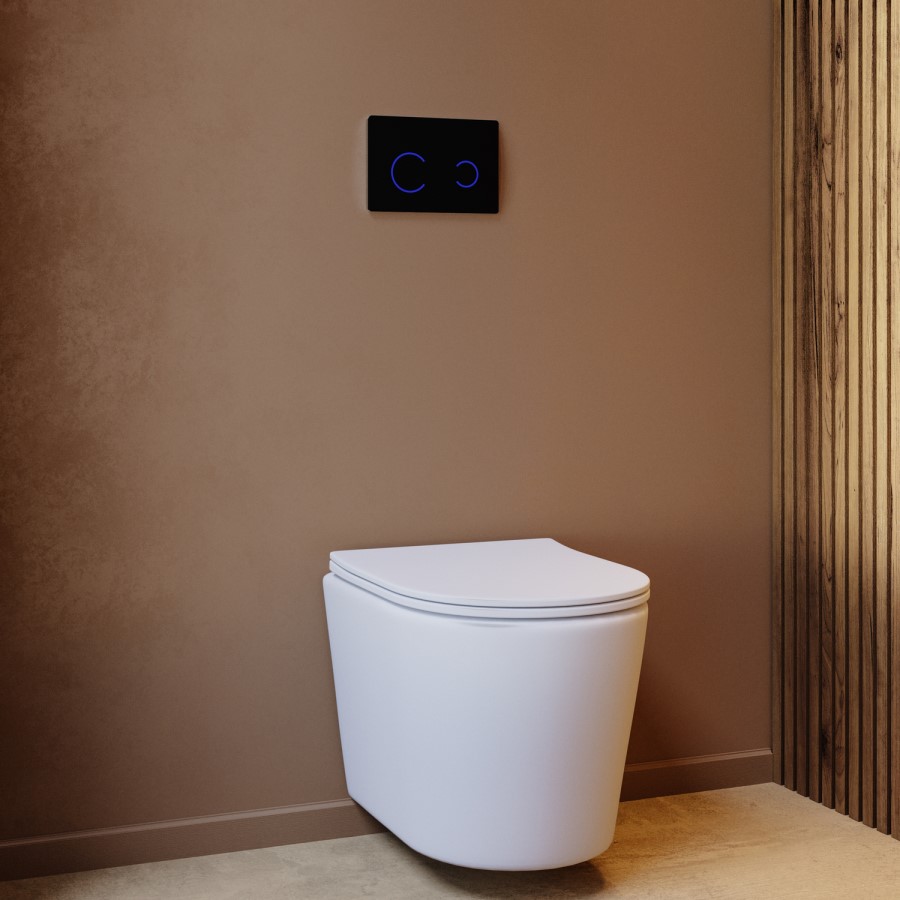 Matt White Wall Hung Rimless Toilet with Soft Close Seat, Black Glass Sensor Flush Plate, 1168mm Frame & Cistern – Verona