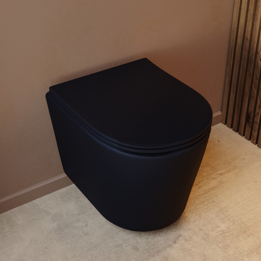 Matt Black Wall Hung Rimless Short Projection Toilet with Soft Close Seat – Verona