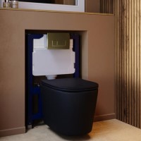 Matt Black Wall Hung Rimless Toilet with Soft Close Seat, Brushed Brass Pneumatic Flush Plate, 820mm Frame & Cistern – Verona