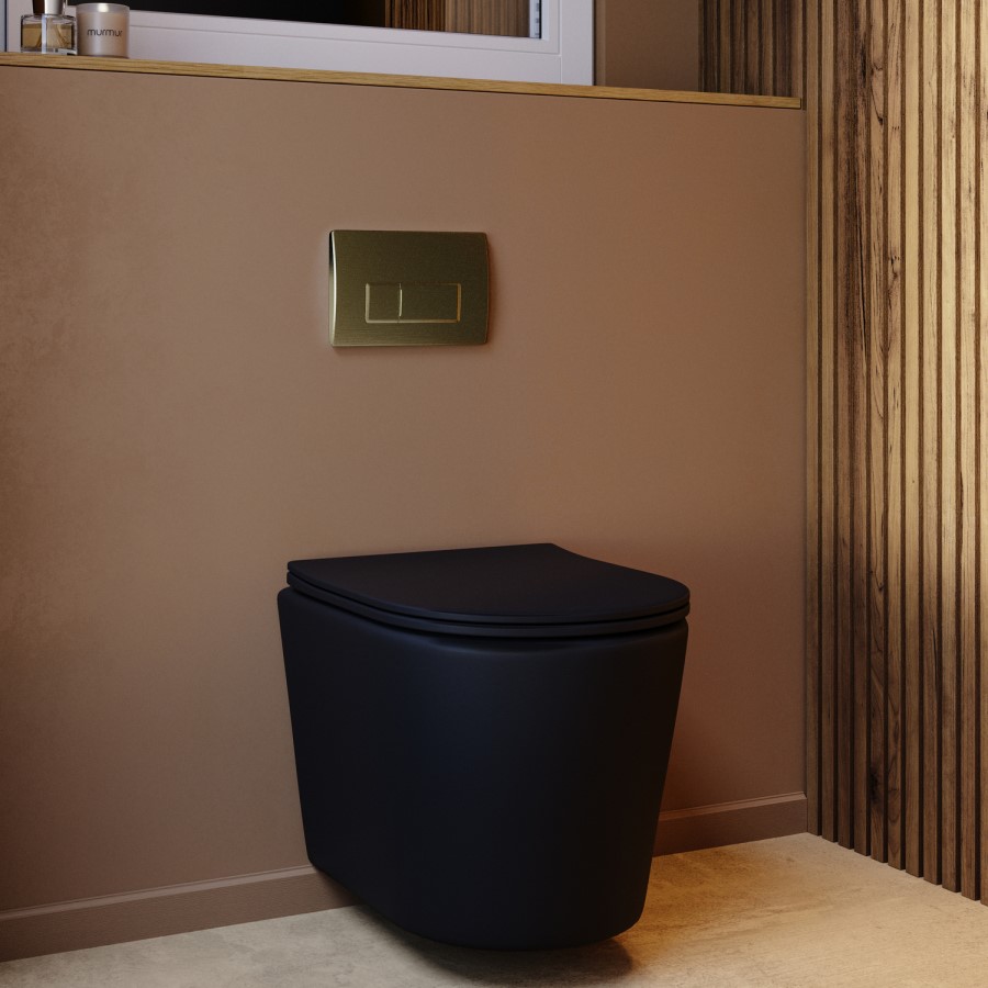 Matt Black Wall Hung Rimless Toilet with Soft Close Seat, Brushed Brass Pneumatic Flush Plate, 820mm Frame & Cistern – Verona