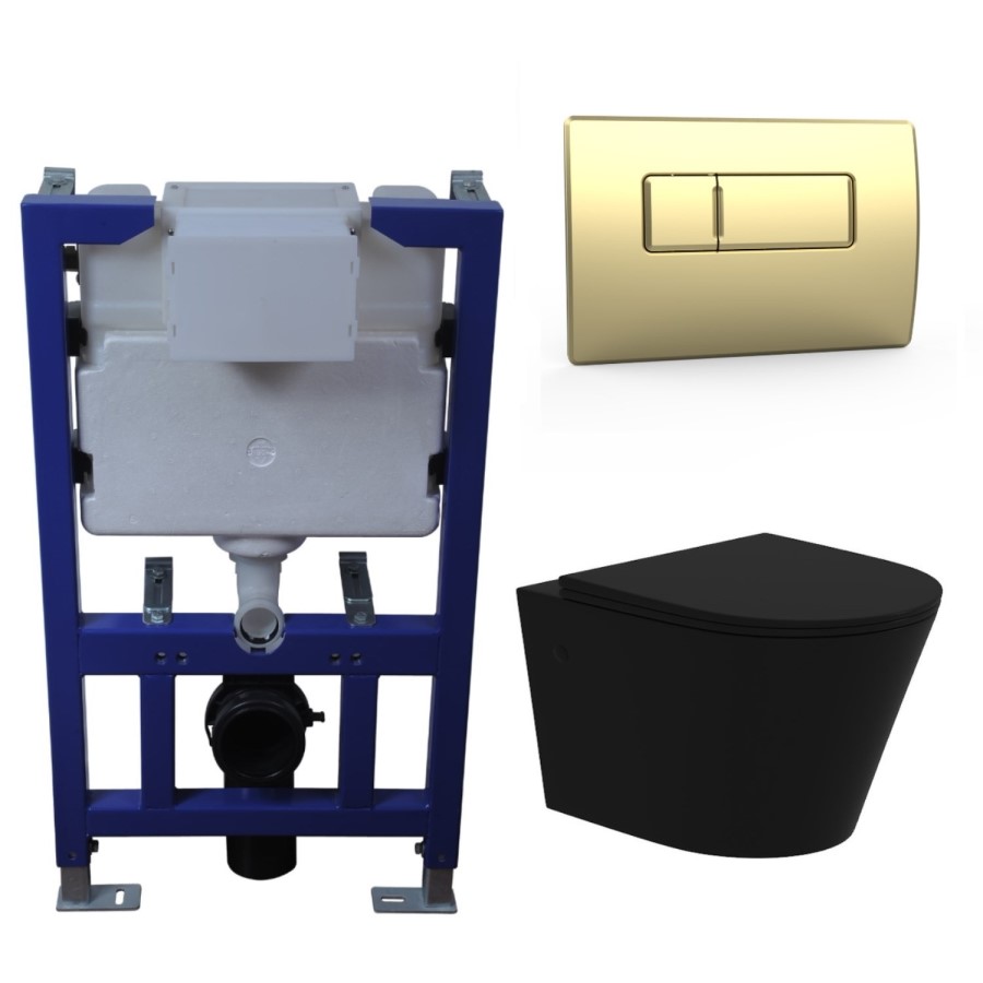 Matt Black Wall Hung Rimless Toilet with Soft Close Seat, Brushed Brass Pneumatic Flush Plate, 820mm Frame & Cistern – Verona