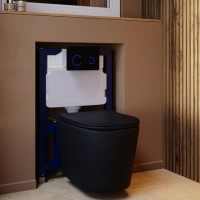 Matt Black Wall Hung Rimless Toilet with Soft Close Seat, White Glass Sensor Flush Plate, 820mm Frame & Cistern – Verona