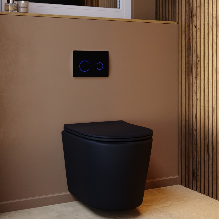 Matt Black Wall Hung Rimless Toilet with Soft Close Seat, White Glass Sensor Flush Plate, 820mm Frame & Cistern – Verona