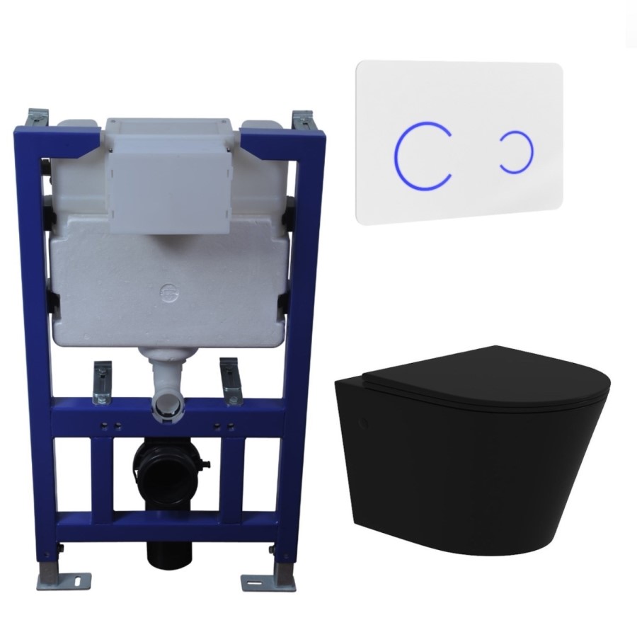 Matt Black Wall Hung Rimless Toilet with Soft Close Seat, White Glass Sensor Flush Plate, 820mm Frame & Cistern – Verona