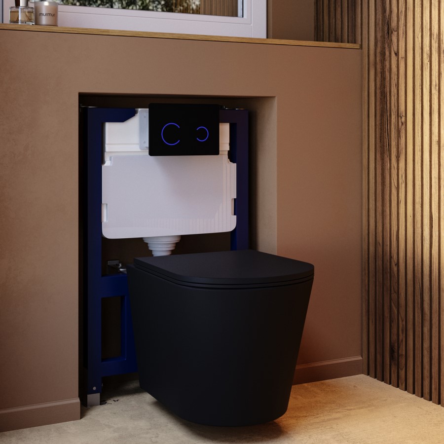 Matt Black Wall Hung Rimless Toilet with Soft Close Seat, Black Glass Sensor Flush Plate, 820mm Frame & Cistern – Verona