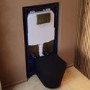 Matt Black Wall Hung Rimless Toilet Soft Close Seat, Brushed Brass Pneumatic Flush Plate, 1168mm Frame & Cistern – Verona