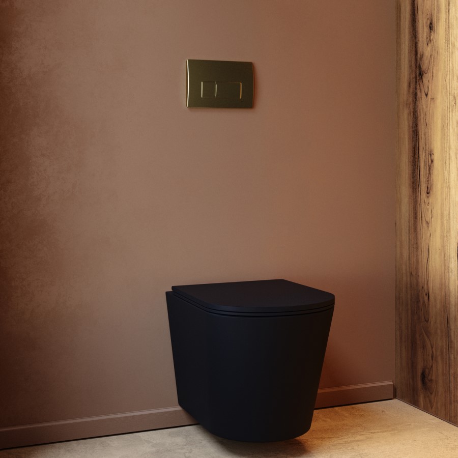 Matt Black Wall Hung Rimless Toilet Soft Close Seat, Brushed Brass Pneumatic Flush Plate, 1168mm Frame & Cistern – Verona